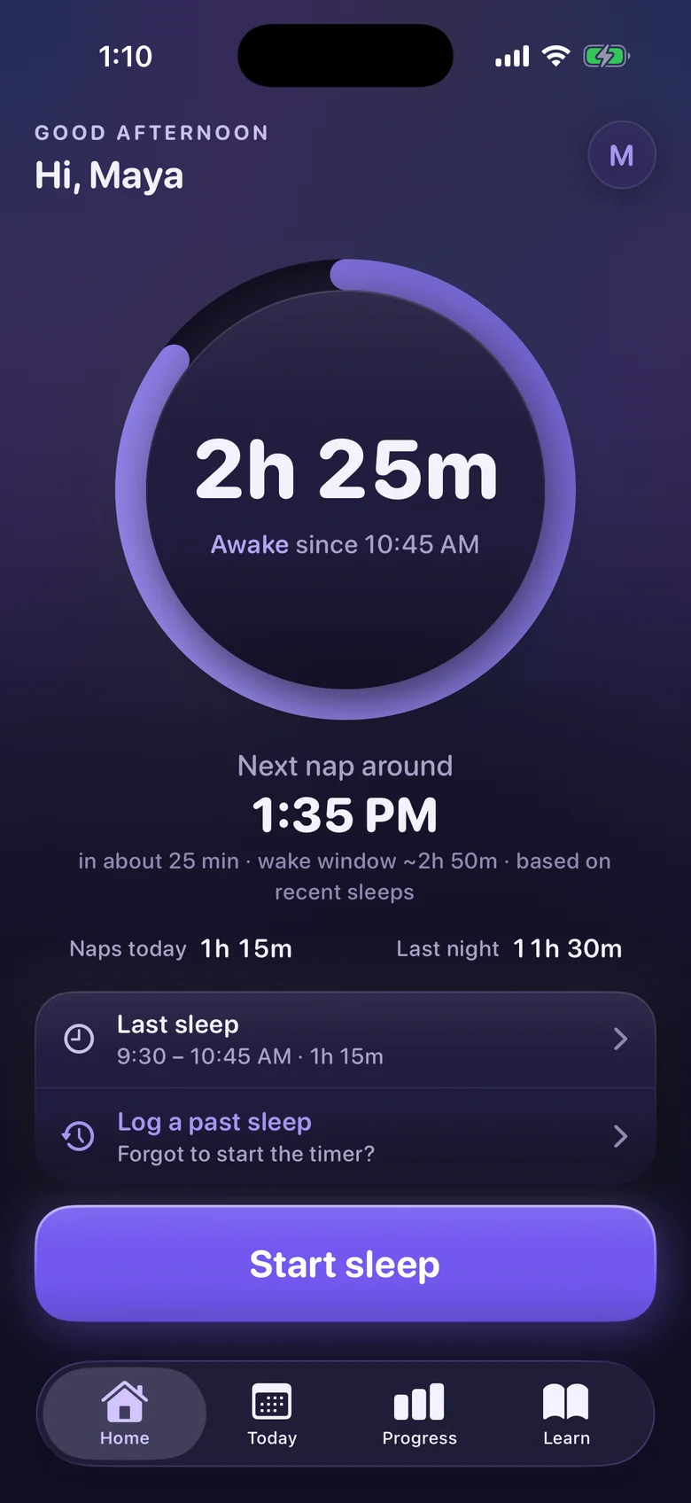 Dozy Home showing time awake, the next nap estimate, and a Start sleep button.
