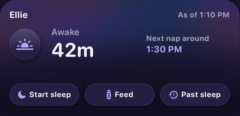 Dozy Home Screen widget showing Ellie awake for 42 minutes, a next nap estimate, and quick logging actions.
